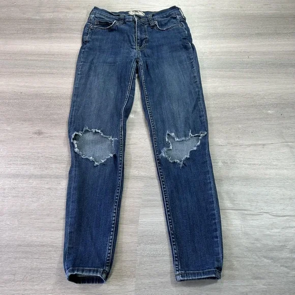 Free People Skinny Jeans Womens 24 Blue Dark Wash Ripped Knees Stretch Denim - Picture 1 of 15